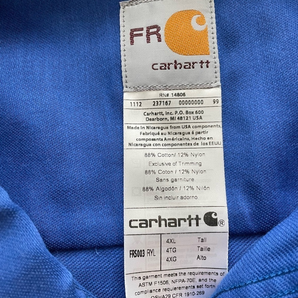 NWOT Carhartt Men's Big & Tall Flame Resistant Lightweight Twill Shirt Size 4X - Picture 7 of 8